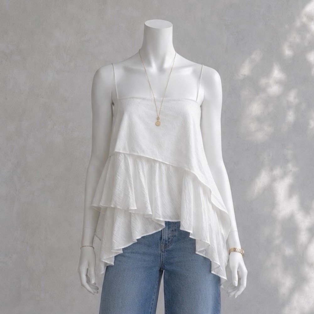 Cinq a Sept Cadence Top M White Tiered Asymmetric Ruffle Cami Tank Cotton